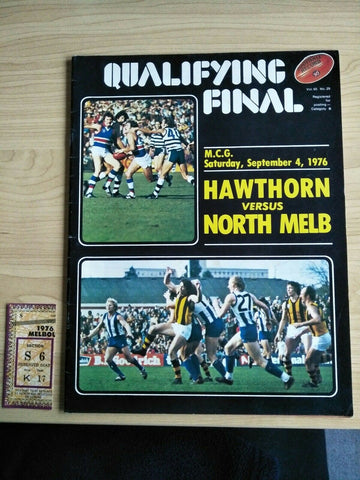 VFL 1976 Qualifying Final Football Record Hawthorn v North Melbourne with Ticket