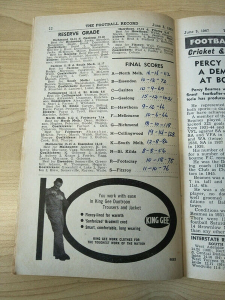 VFL 1967 June 3 Football Record Richmond v Collingwood