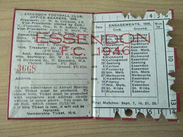 VFL 1946 Essendon Football Club Membership Season Ticket No. 3668 PREMIERSHIP YEAR