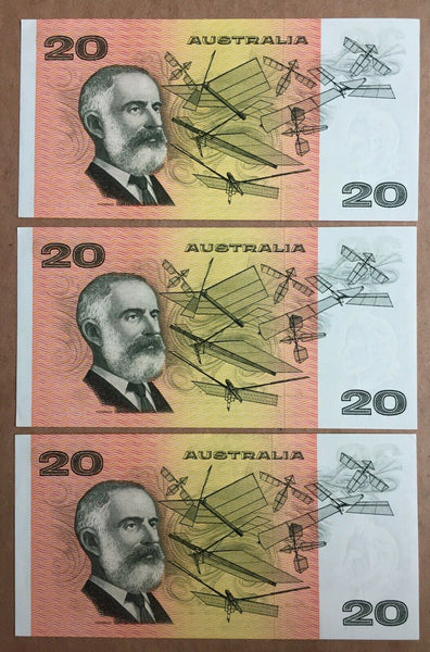 Australia $20 Knight Wheeler Consecutive Run of 3 Banknotes Uncirculated R406b