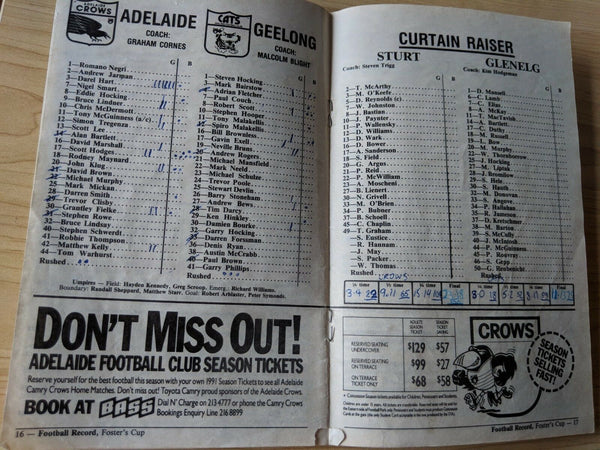 AFL 1991 Foster's Cup Special Pre Season Edition Adelaide v Geelong