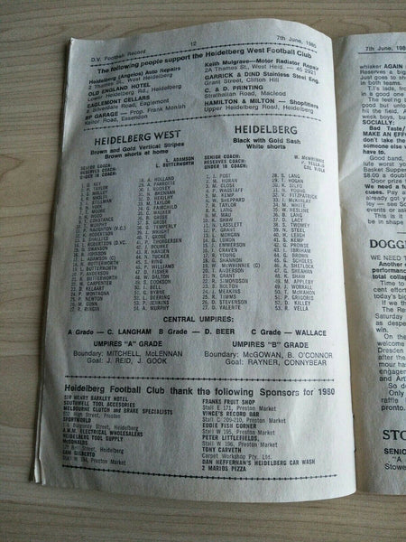 Football 1980 7th June Diamond Valley Football League Football Record Vol. 24, No. 9