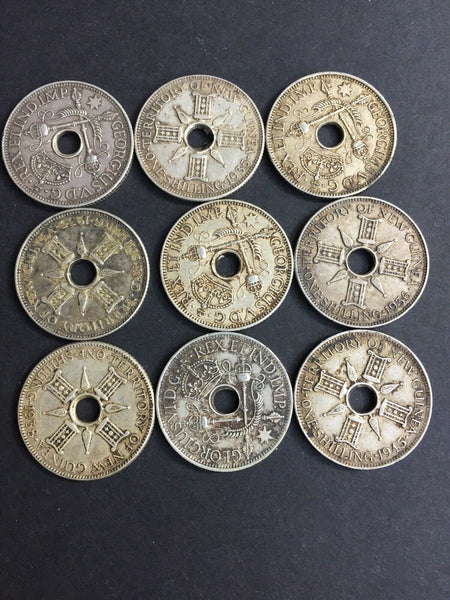 New Guinea 1935-1945 Silver Shillings 1/-Coins x 9