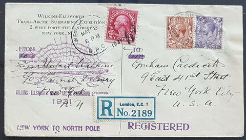 Arctic 1931 Wilkins Ellsworth Arctic & North Pole submarine cover. Scarce registered