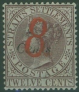 Straits Settlements Malayan States SG 80, 8 on 8c on 12c dull purple MLH