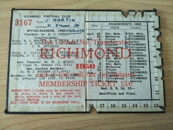 VFL 1950 Richmond Football Club Membership Season Ticket No. 3167