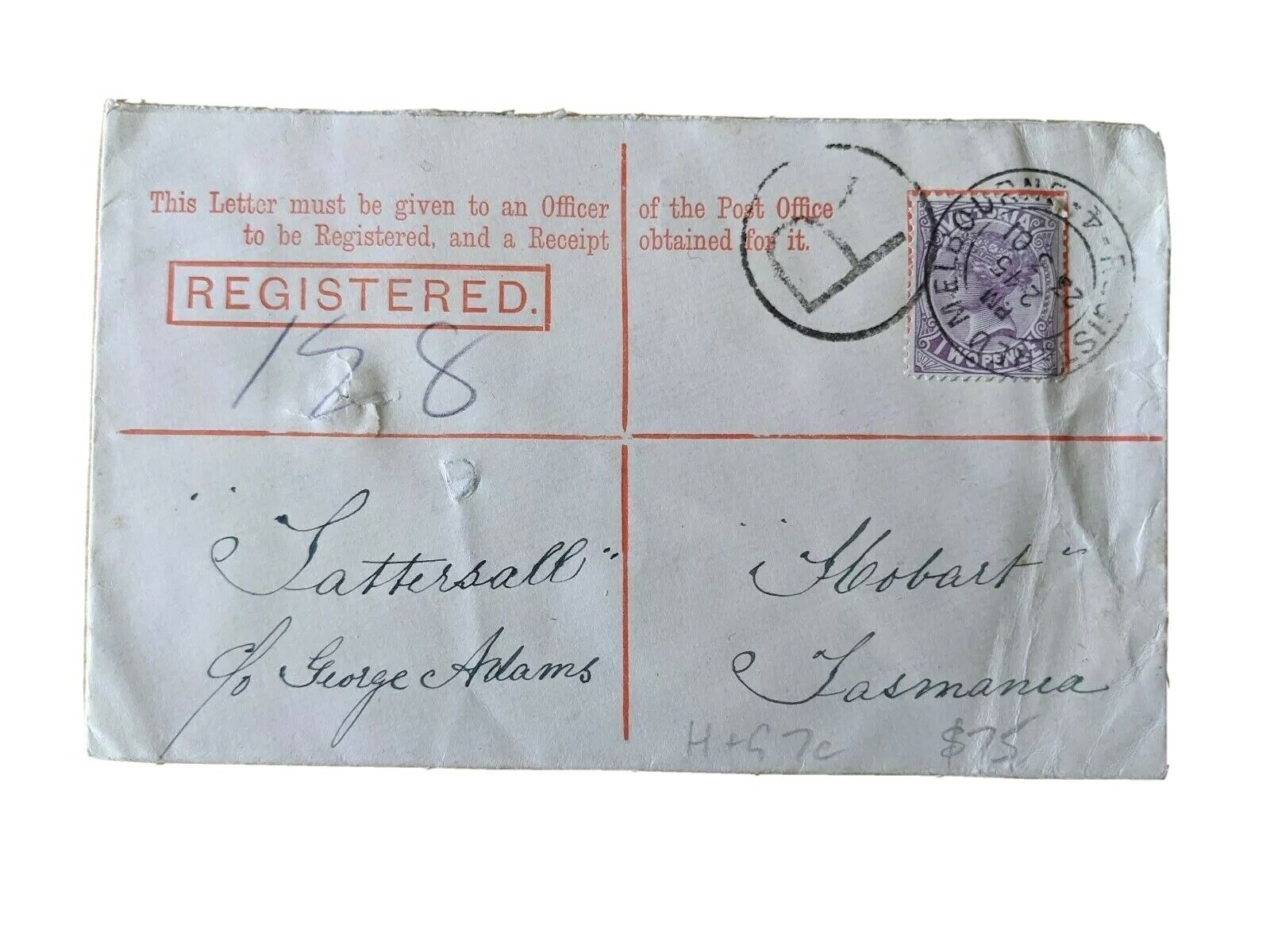 Victoria - Tasmania 4d registered envelope postal stationery to Tattersalls HG7C