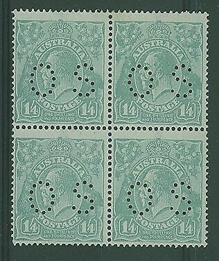 Australia SG O75 KGV 1/4 pale blue perforated OS in block of 4. 2 MUH