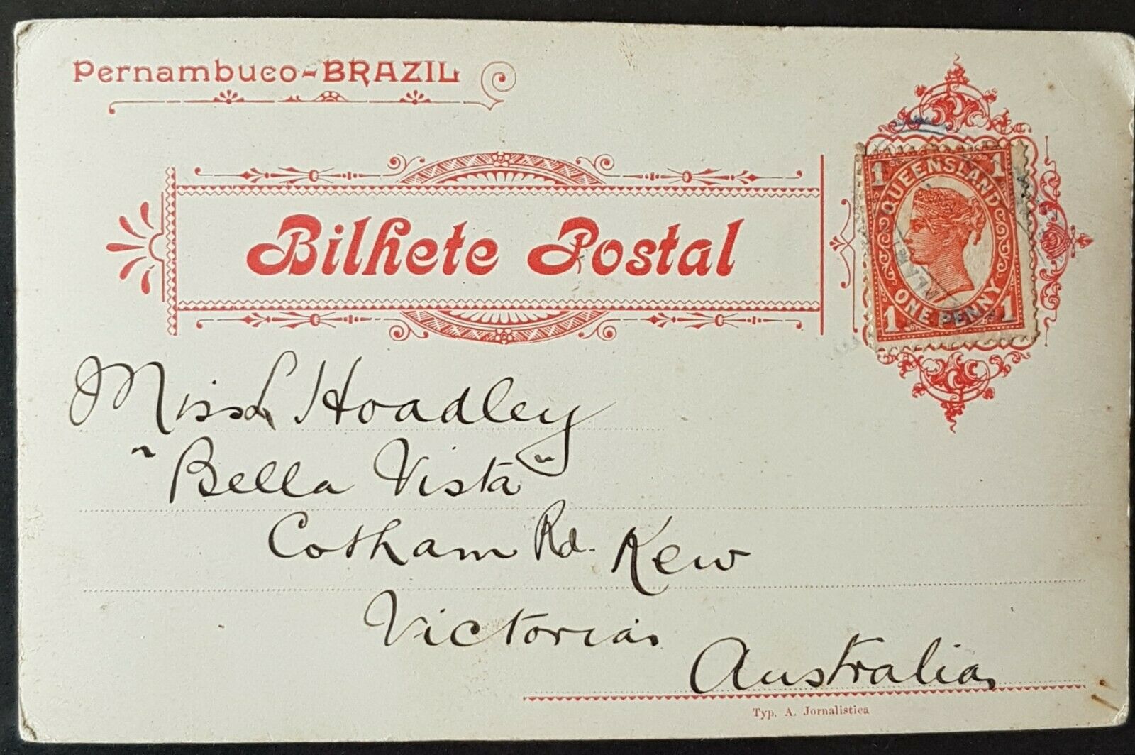 Brazil postcard from Queensland Bingera Plantation to famous Melbourne family