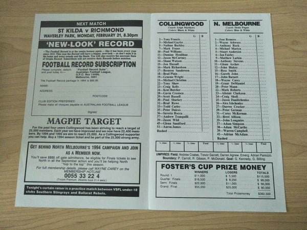 AFL 1993/4 Four different Foster's Cup Collingwood Games Souvenir Football Records
