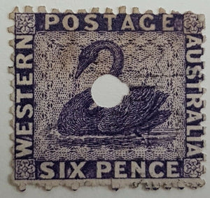 WA Western Australia Australian States SG 57 6d violet Swan birds with Commissariat Puncture Used