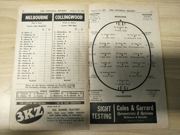 VFL 1968 August 24 Football Record Melbourne v Collingwood