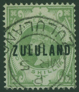 Zululand on GB, South Africa SG 10 1/- dull green Queen Victoria Fine used