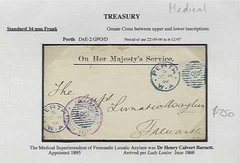 WA Western Australia Treasury Official Free Frank Cover to Asylum Superintendent