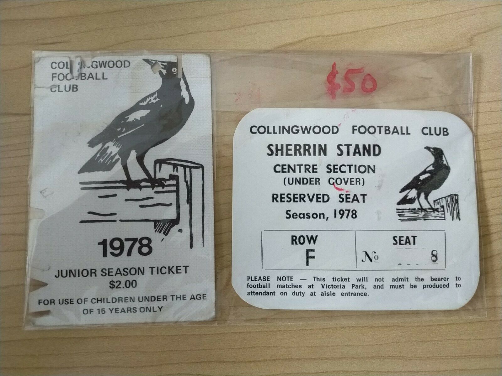 VFL 1978 Collingwood Football Club Junior Season Ticket And Seat Ticket