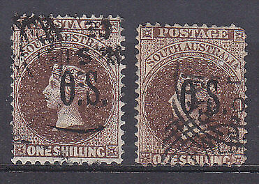 SA Australian States SG 147/8 1/- dark brown and 1/- dark red brown optd OS Used