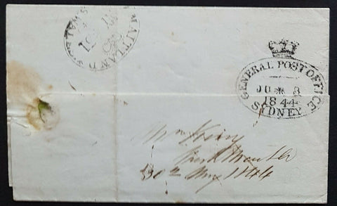 NSW pre stamp entire from Maitland 31 May to Sydney 8-6-1844. Superb GPO cancel