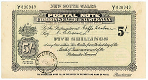 Australia NSW 5/- Postal Note bank note postal stationery used Lismore 1940s
