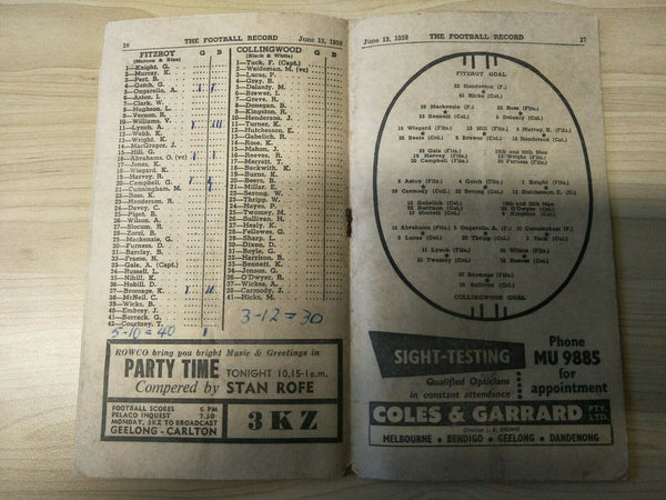 VFL 1959 June 13th Football Record Fitzroy v Collingwood