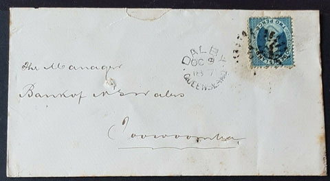 Queensland Dalby - Toowoomba 2d blue Chalon 9-29-1871 to Bank of NSW. Spiked