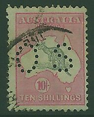 Australia SGO51 10/- Grey, Pink Kangaroo 3rd Watermark perf OS. Rare postal use