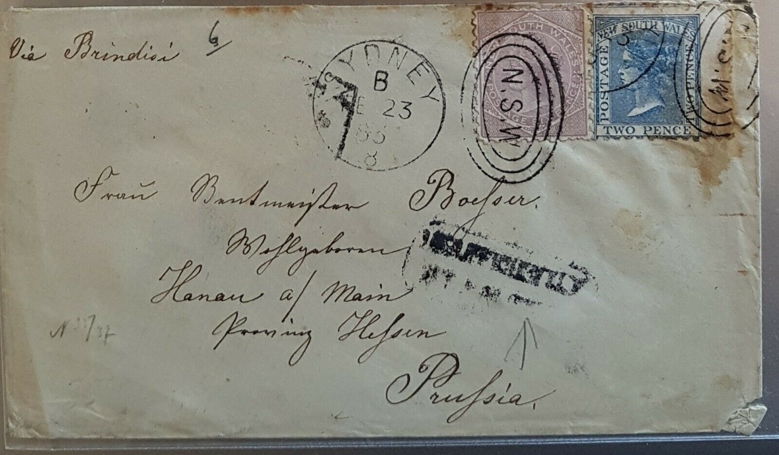 NSW Germany Sydney - Prussia via Brindisi insufficiently paid so went via UK