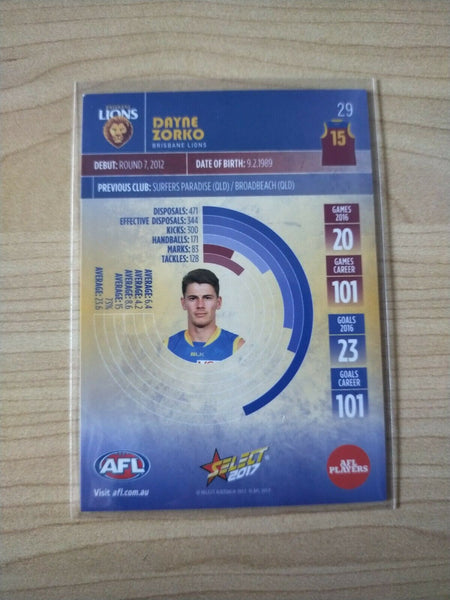 2017 Select Dayne Zorko Brisbane Football Card Hand Signed