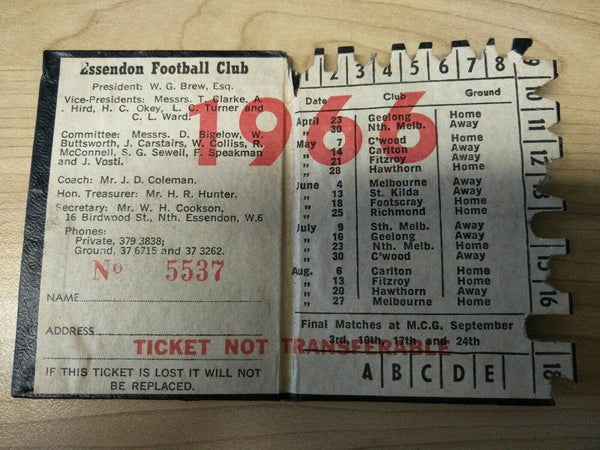 VFL 1966 Essendon Football Club Membership Season Ticket No. 5537