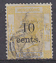 Hong Kong China SG 26 10c on 16c yellow Queen Victoria Used.