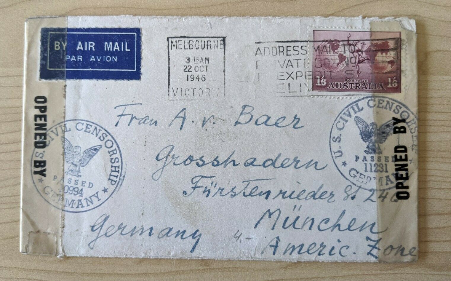 Australia 1946 1/6 Hermes cover Melbourne to Munich Germany opened by censor