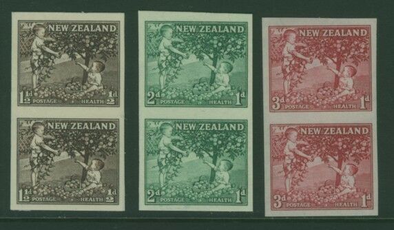 New Zealand NZ SG 755-57 Health Stamps picking apples.  Imperf Proof Pair MUH