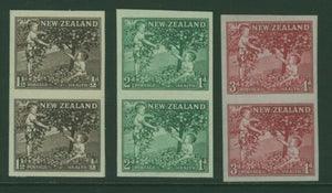 New Zealand NZ SG 755-57 Health Stamps picking apples.  Imperf Proof Pair MUH