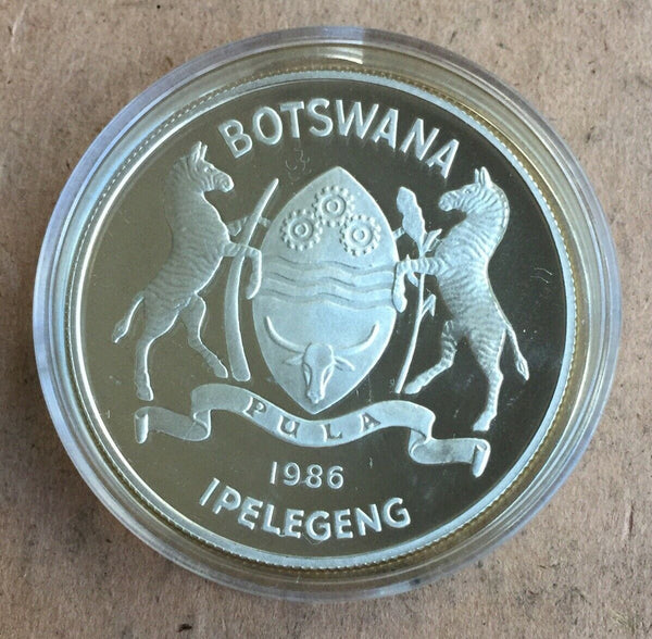 BOTSWANA 1986 2 Pula Salty Egret Crane Silver Crown Size WWF Coin