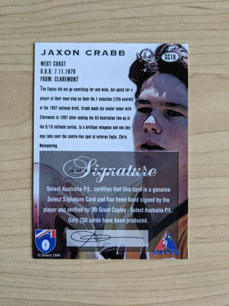 1998 AFL Select Draft Pick Signature SC18 Jaxon CRABB West Coast Eagles