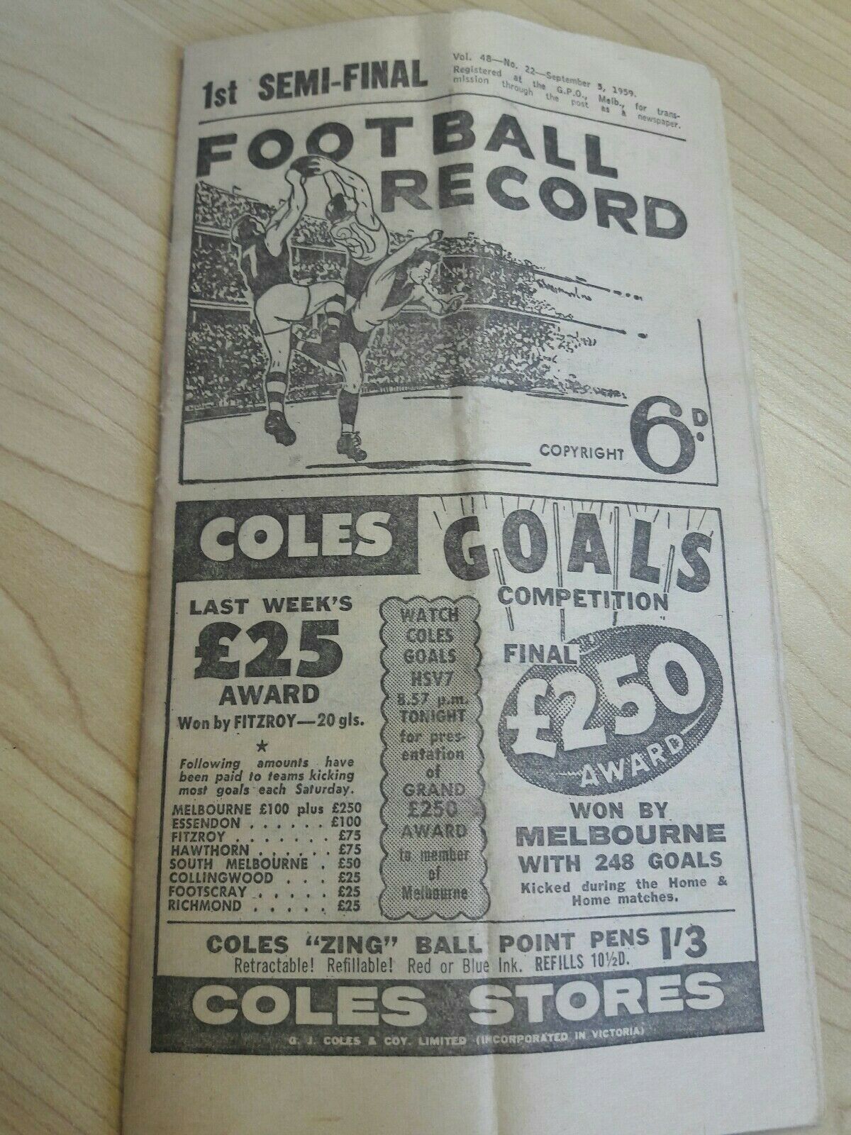 VFL 1959 First Semi Final Collingwood v Essendon, Football Record. Folded.