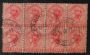 SA used in Northern Territory. 1d scarlet block of 8 used Darwin 21. 12 .1912.