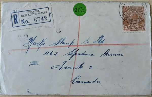 Australia Cessnock NSW to Toronto Canada 5d KGV Registered Cover Stamp.
