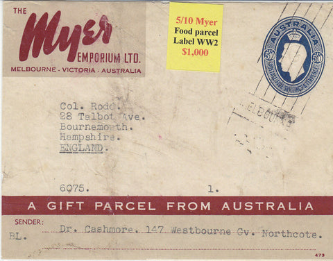 Australia - GB postal stationery 5/10 Myer Food parcel Label WW2