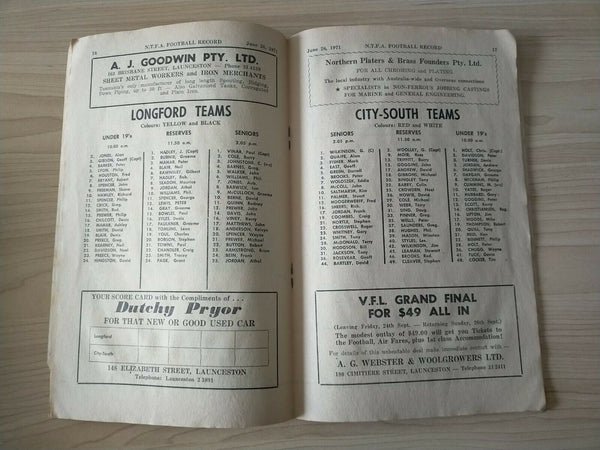 Northern Tasmania Football Association Saturday 26th June 1971 Football Record