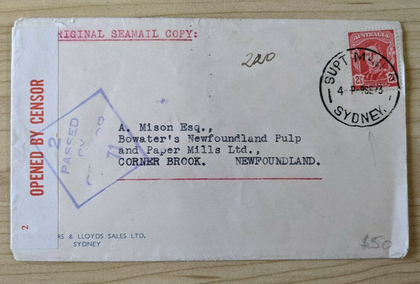 WWII Sea Mail Passed By Censor to Newfoundland Paper Mills with KGVI Stamp