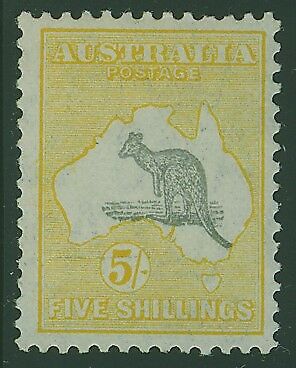 Australia SG 135 5/- Grey & Yellow Kangaroo map C of A Watermark MLH