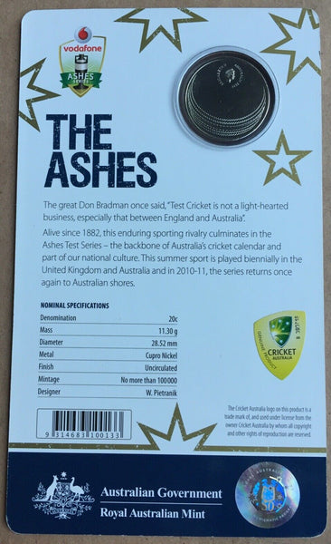 2011 Australian  “The Ashes” 20 Cents Carded Cricket Coin.