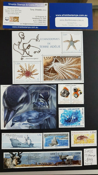 French Antarctic Territory TAAF 2018 Year set of 13 stamps and 5 sheets