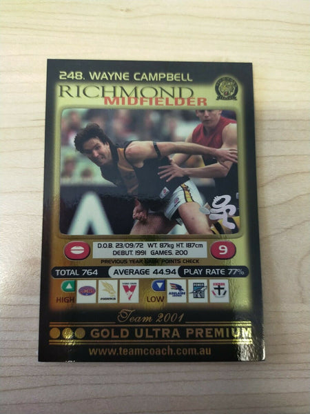 2001 Teamcoach Gold Prize Card Richmond 248 Wayne Campbell