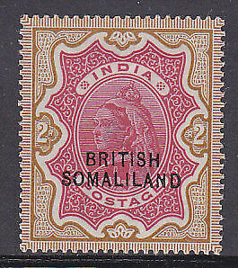 British Somaliland on India SG 22 2r carmine and yellow-brown Queen Victoria MLH