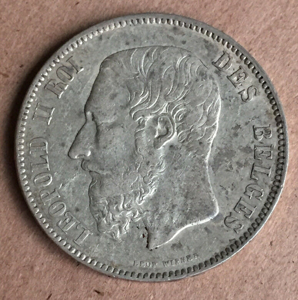 Belgium 1873 5 Francs Silver Coin Extremely Fine