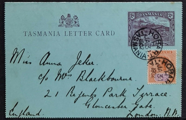 Tasmania Australian States 2d Letter Card Lake Hartz. Up rated to London