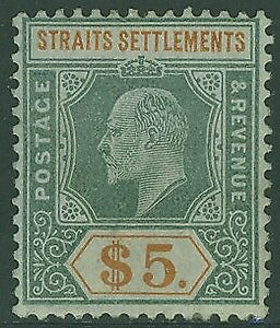 Straits Settlements SG 138 $5 dull green and brown-orange  KEVII MH