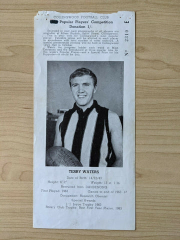 VFL 1964 Collingwood Football Club Popular Players Competition Card, Terry Waters. Rare