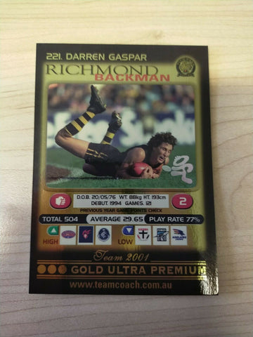 2001 Teamcoach Gold Prize Card Richmond 221 Darren Gaspar